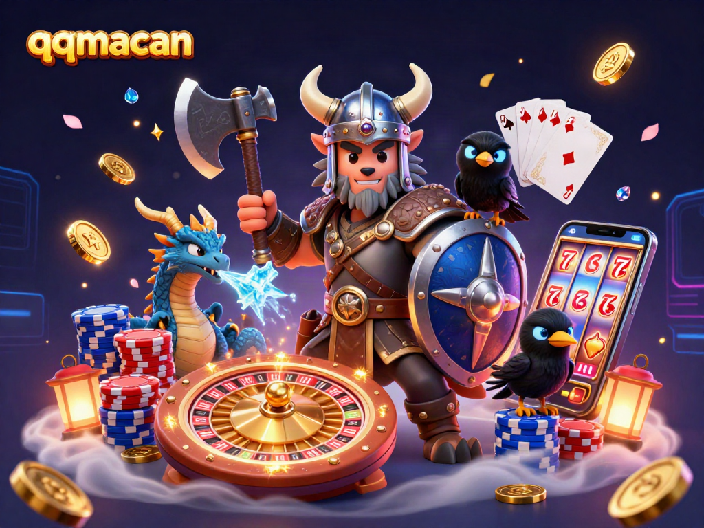 Engage with qqmacan's thrilling gaming experience amidst cascading coins and vibrant casino elements.