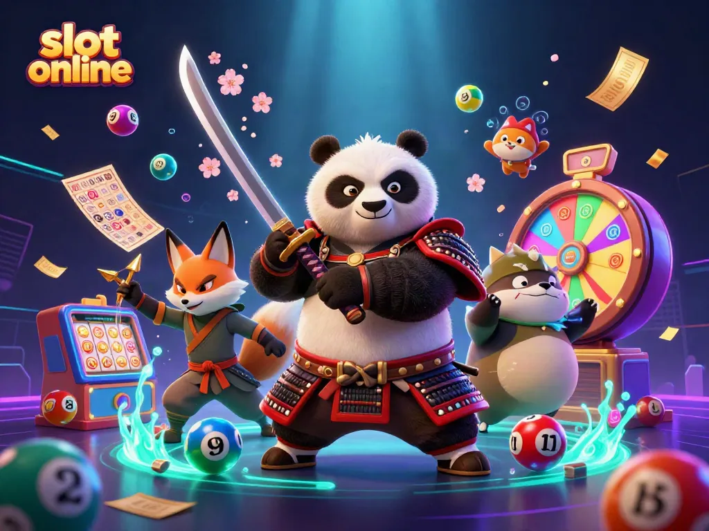 Experience thrilling gameplay in slot online with a 3D illustration of a samurai panda, ninja fox, and spirit tanuki.