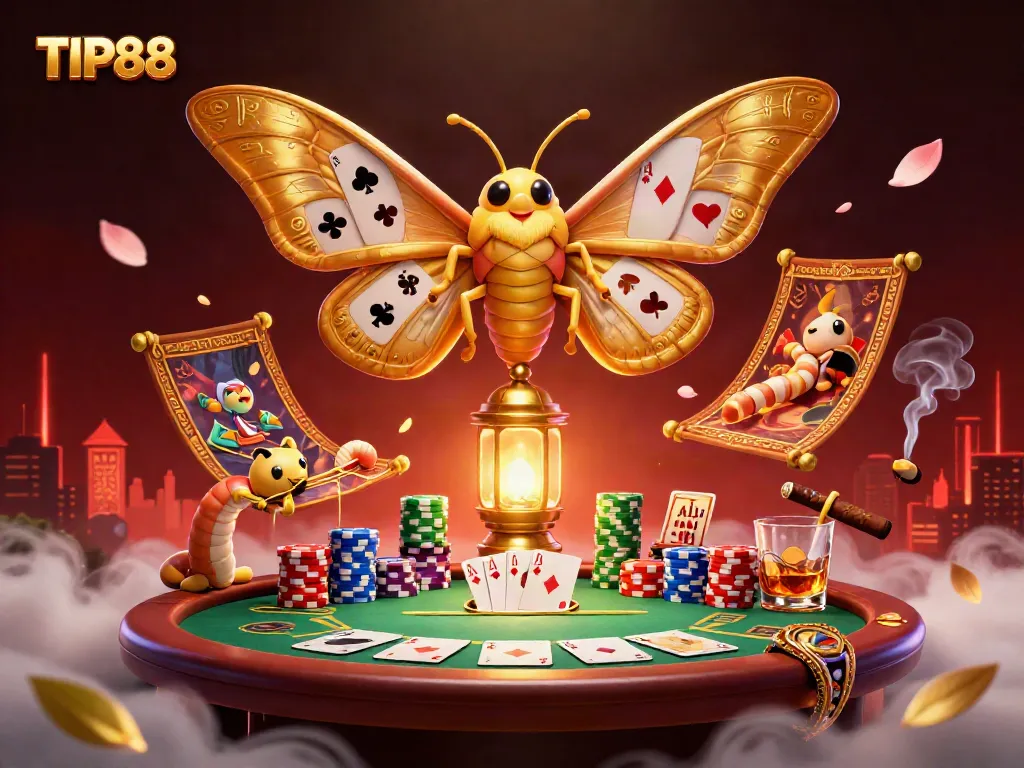 Experience the thrill of TIP88 with a vibrant 3D casino scene featuring a majestic atlas moth surrounded by poker elements.