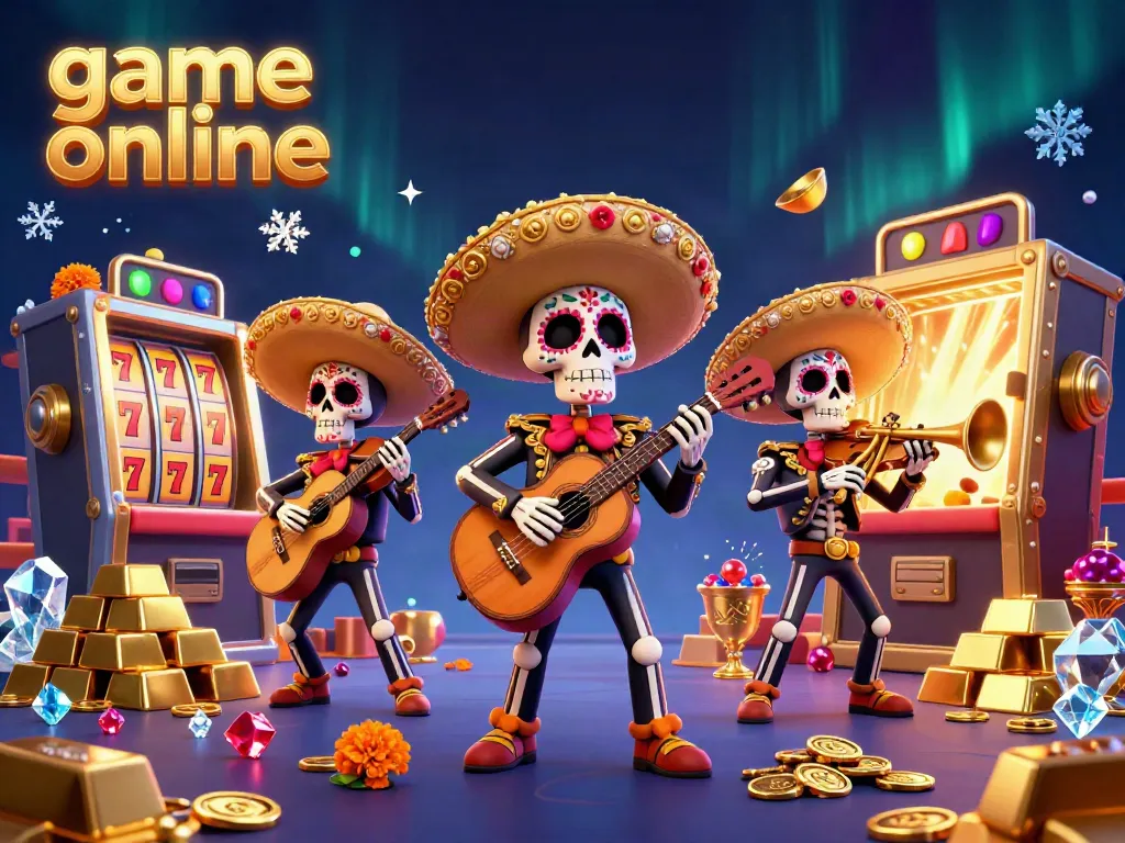 Experience the thrill of game online with a vibrant mariachi band amidst a treasure-filled casino.