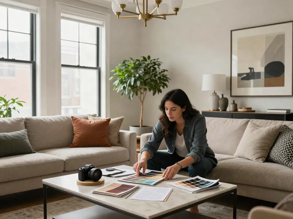 Interior designer in Brooklyn NY discussing custom furniture options with clients in a stylish living room.