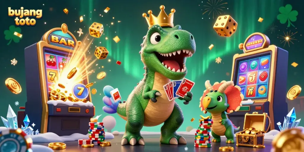 Experience the thrill of bujang toto with a 3D T-Rex shuffling cards, pterodactyl assistant, and baby triceratops stacking chips.