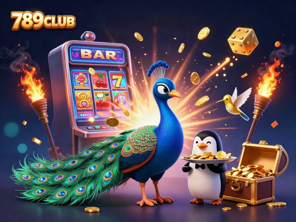 Engage in thrilling 789CLUB action with a dynamic 3D casino illustration featuring festive characters and gaming elements.