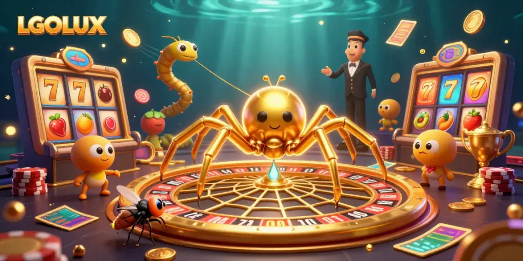 Bet on LGOLUX slots with a thrilling golden spider and centipede croupier amidst floating game elements.