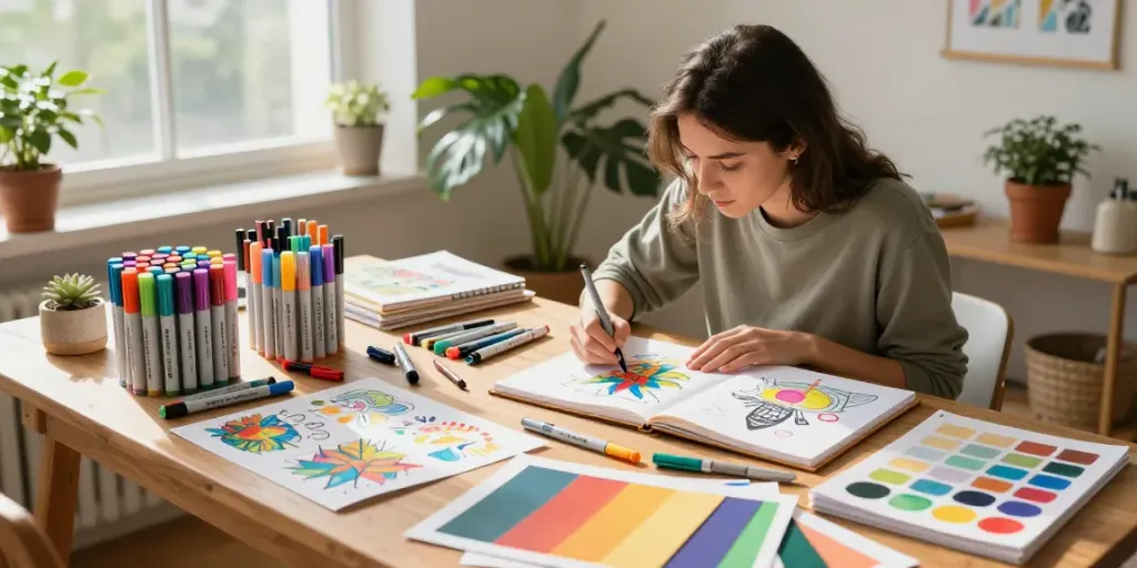 Creative artist in a vibrant workspace with wholesale markers, sketchbooks, and colorful designs.