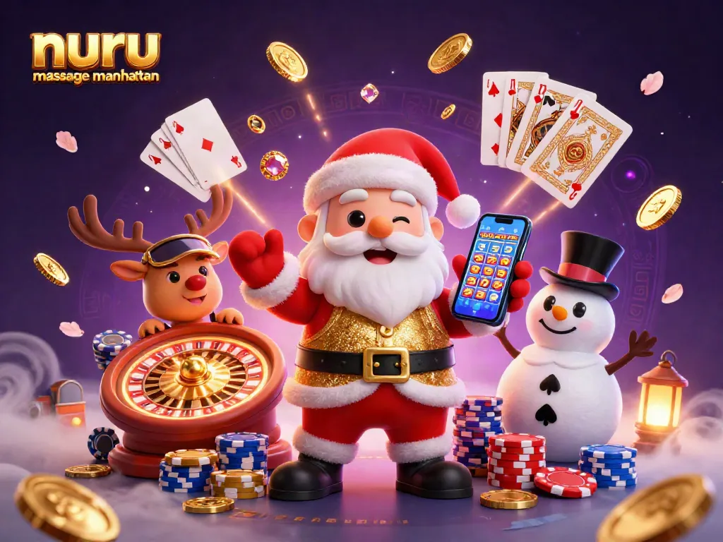 Experience nuru massage Manhattan with neon slots and vibrant casino elements in this festive illustration.