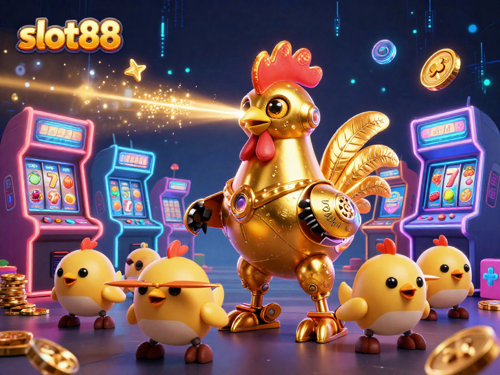 Engage with the thrill of slot88 gaming featuring a futuristic golden rooster robot and vibrant arcade machines.