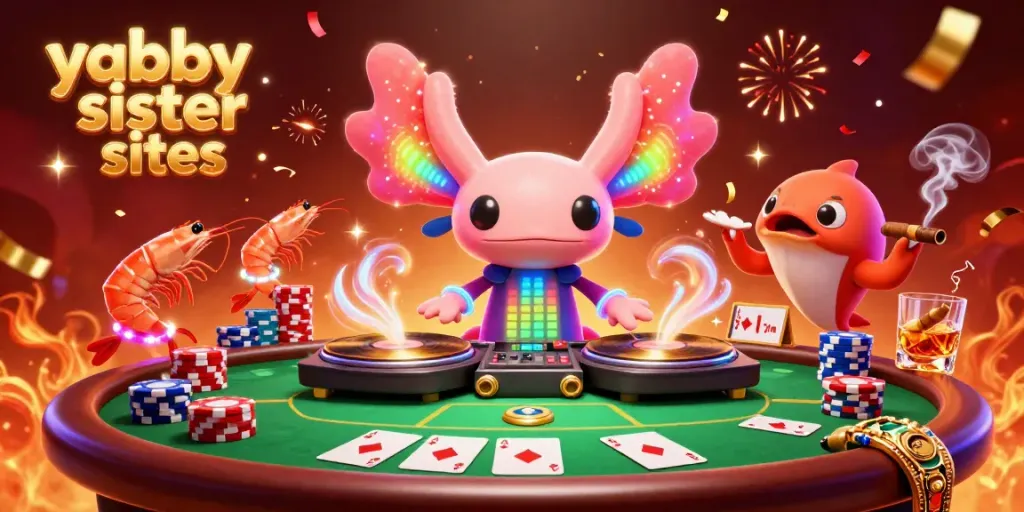 Engage with yabby sister sites featuring a neon axolotl DJ and vibrant casino elements.