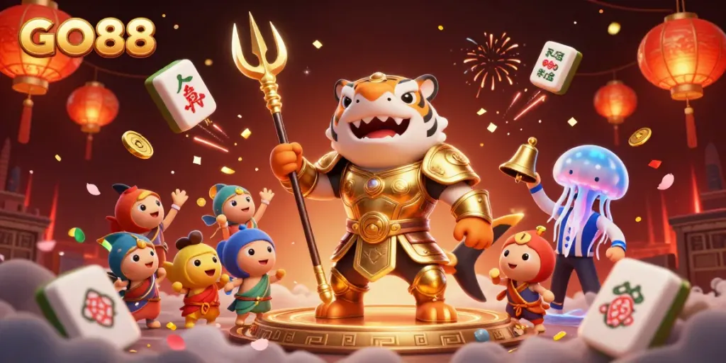 Engage with GO88's thrilling underwater gaming experience featuring a heroic shark and festive elements.
