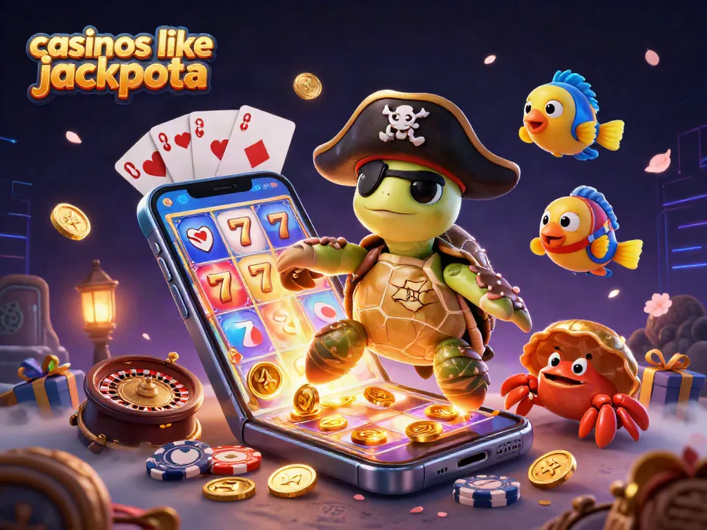 Experience casinos like jackpota with a 3D pirate turtle scene showcasing fun games and treasures.