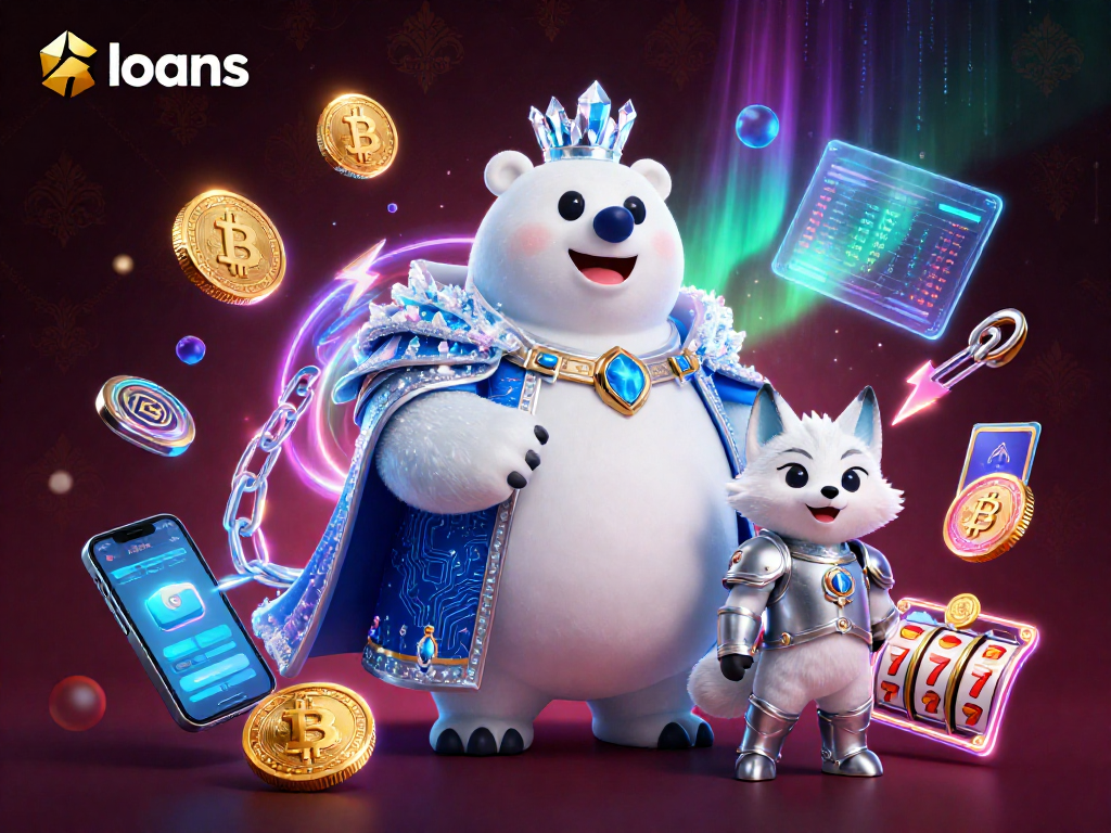 Win with loans while enjoying a vibrant casino scene featuring animated characters and slot elements.