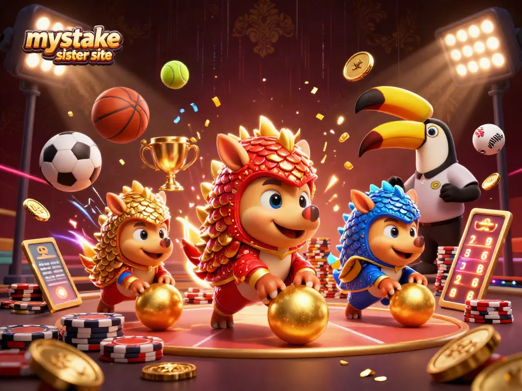 Experience exciting gaming action at a mystake sister site with rival pangolins and vibrant gaming elements.