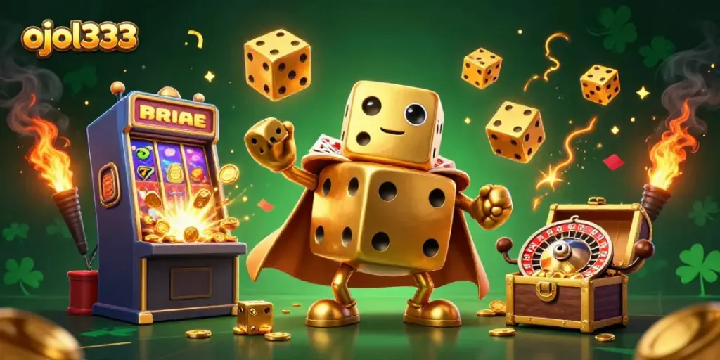 Experience thrilling gameplay with ojol333 as the character juggles golden dice amidst a jackpot explosion.