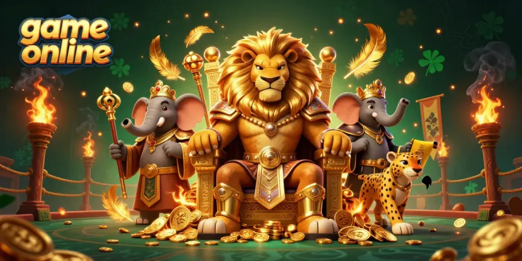 Experience thrilling game online action with a lion king, elephant advisor, and cheetah in a dynamic casino scene.