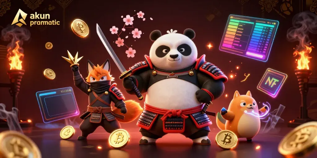 Engage with akun pragmatic's dynamic gaming scene featuring samurai panda and ninja fox.