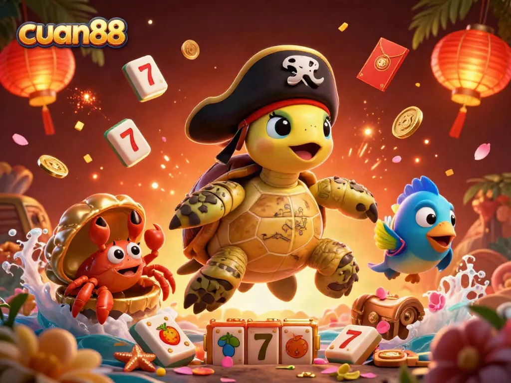 Cuan88 features thrilling gambling visuals with 3D pirate turtle, treasure reels, and colorful casino elements.