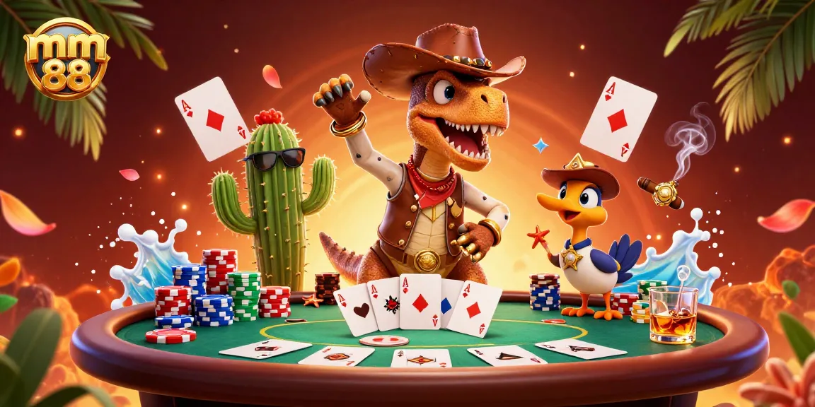 Engage with mm88's exciting casino scene featuring cartoon characters and poker elements.