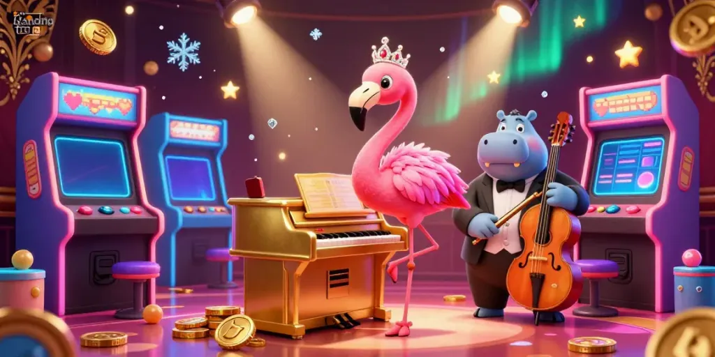 Engage with thrilling gameplay on bandung toto featuring a vibrant casino scene with a flamingo singer and hippo bassist.