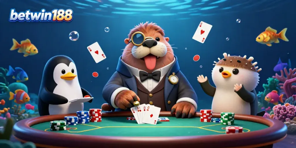 Bermain poker dengan betwin188 di bawah laut bersama walrus jolly, dealer penguin, dan pufferfish.