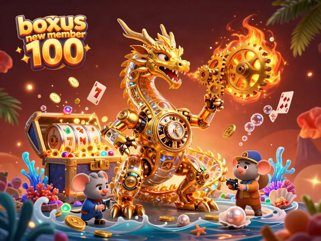 Experience thrilling gameplay with bonus new member 100 surrounded by golden treasures and slot reels.