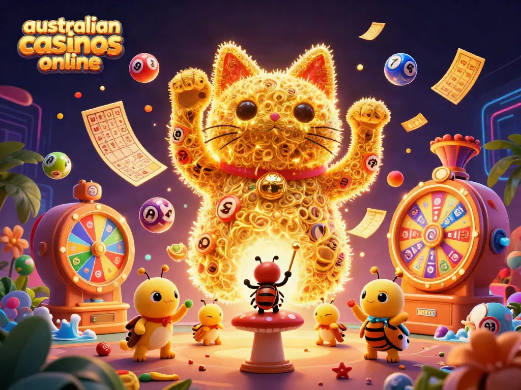 Experience vibrant gaming excitement with australian casinos online showcased by an energetic lucky cat.