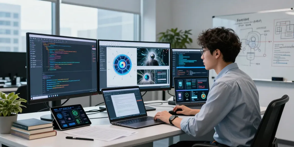 AI Image Detector in action at a high-tech lab analyzing generated images with multiple screens and algorithms.