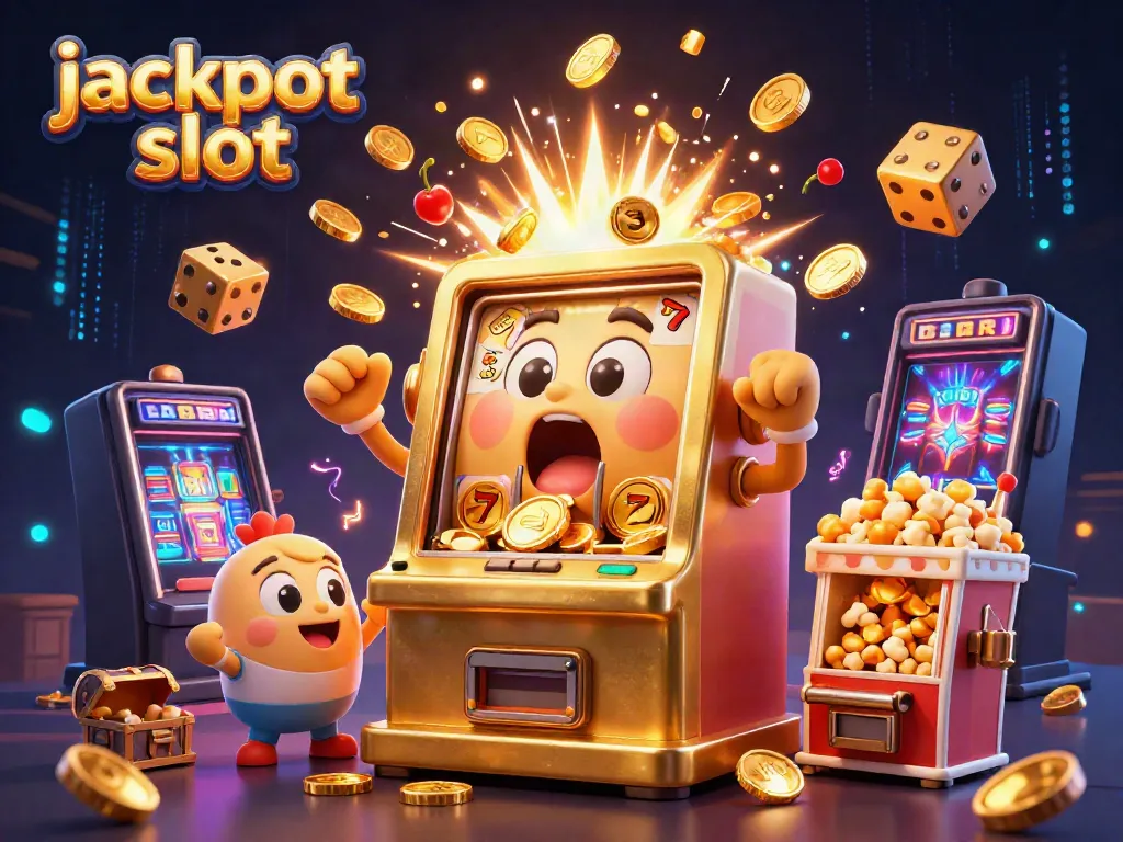 Jackpot slot surprise with a golden slot machine celebrating a big win, coins bursting from its mouth.