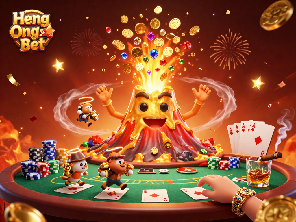 Experience thrilling wins at Heng Ong Bet with a jubilant volcano showering treasures and poker excitement.