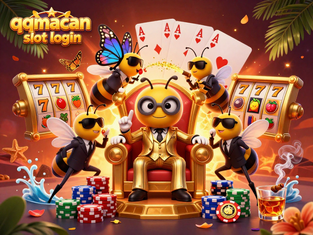 Engage in the excitement of qqmacan slot login with a vibrant 3D illustration of characters amidst slot reels and vibrant casino elements.