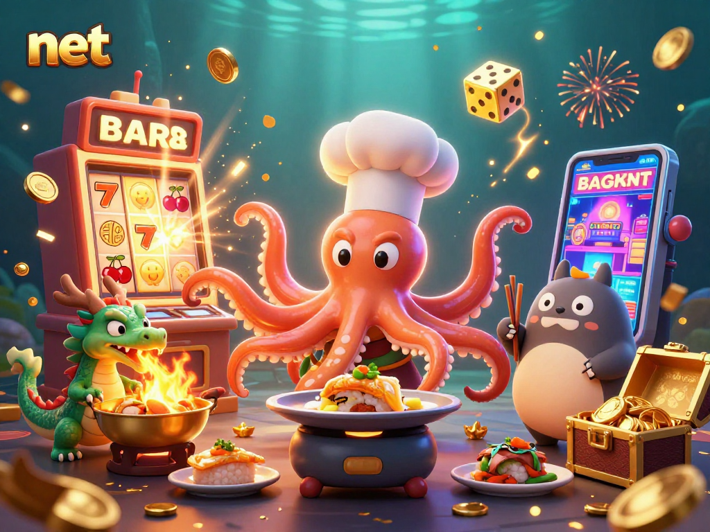 Engage in the exhilarating net casino experience featuring a dynamic scene of an octopus chef, dragon, and tanuki amid explosive jackpots.