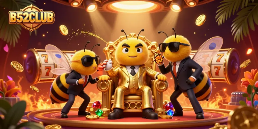 B52CLUB showcases a lively casino scene with cartoon characters, slot reels, and gold treasures.