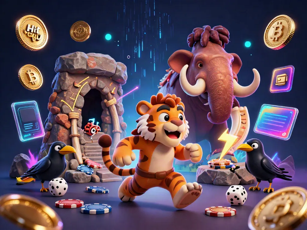 Experience the excitement at Hit club with cartoon characters in a vibrant casino setting, showcasing Bitcoin and Ethereum.