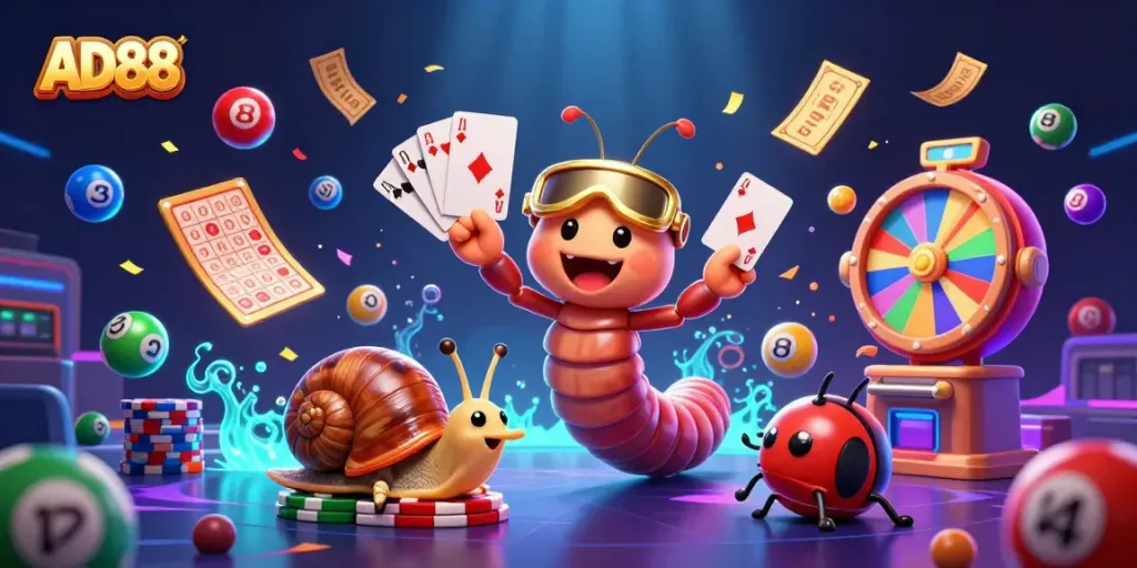 Experience excitement with AD88's vibrant casino scene featuring engaging characters and dynamic game elements.