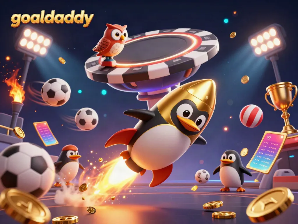 Experience exciting sports betting action with goaldaddy as a golden penguin blasts through the galaxy towards a poker chip space station.