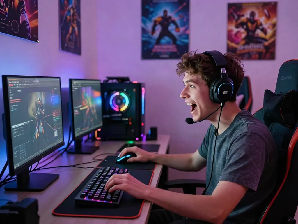 Engaged gamer experiencing bro138 online gaming with vibrant atmosphere and gaming setup.
