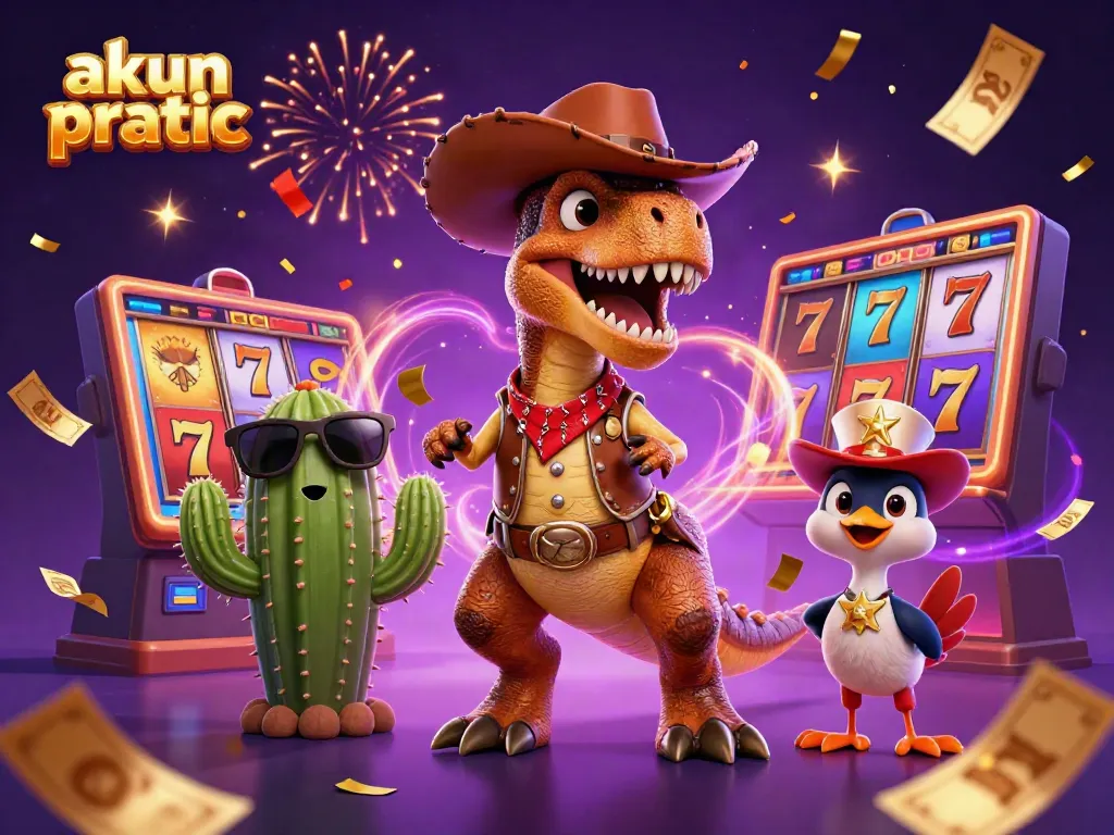 Experience the excitement of akun pragmatic with a cheerful T-Rex, cactus, and roadrunner in a vibrant casino scene.