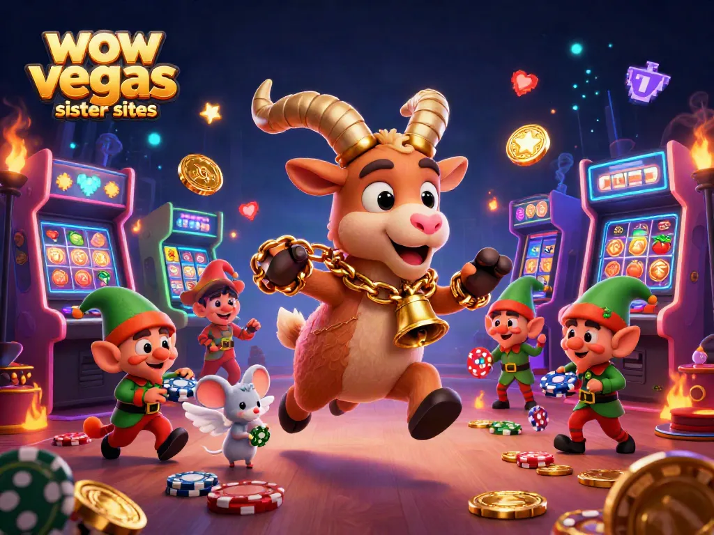 Play exciting games at wow vegas sister sites with Krampus and elf gremlins in a vibrant casino scene.