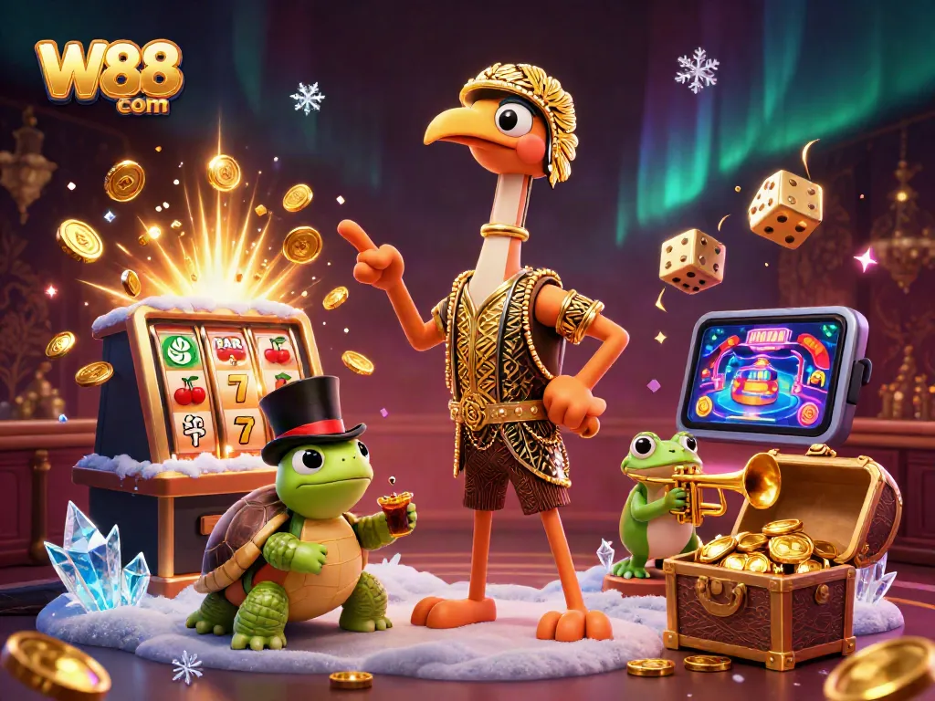 Experience excitement with W88 com as characters enjoy vibrant casino games surrounded by a jackpot explosion.