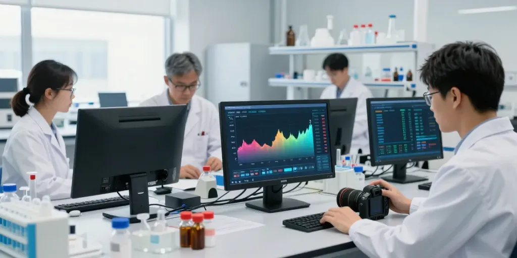Comparing pepti prices in a modern laboratory, scientists reviewing data.