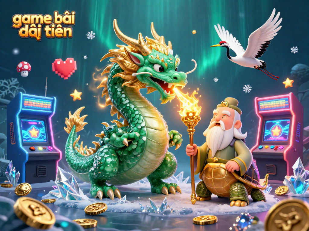 Experience thrilling game bài đổi thưởng with a dragon, turtle sage, and lucky cranes in a vibrant casino illustration.