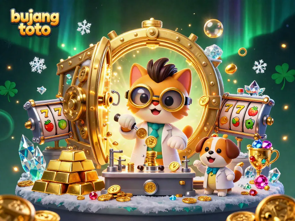 Bujang toto gaming illustration showcasing a mad scientist cat and dog in a casino-themed lab with gold coins.