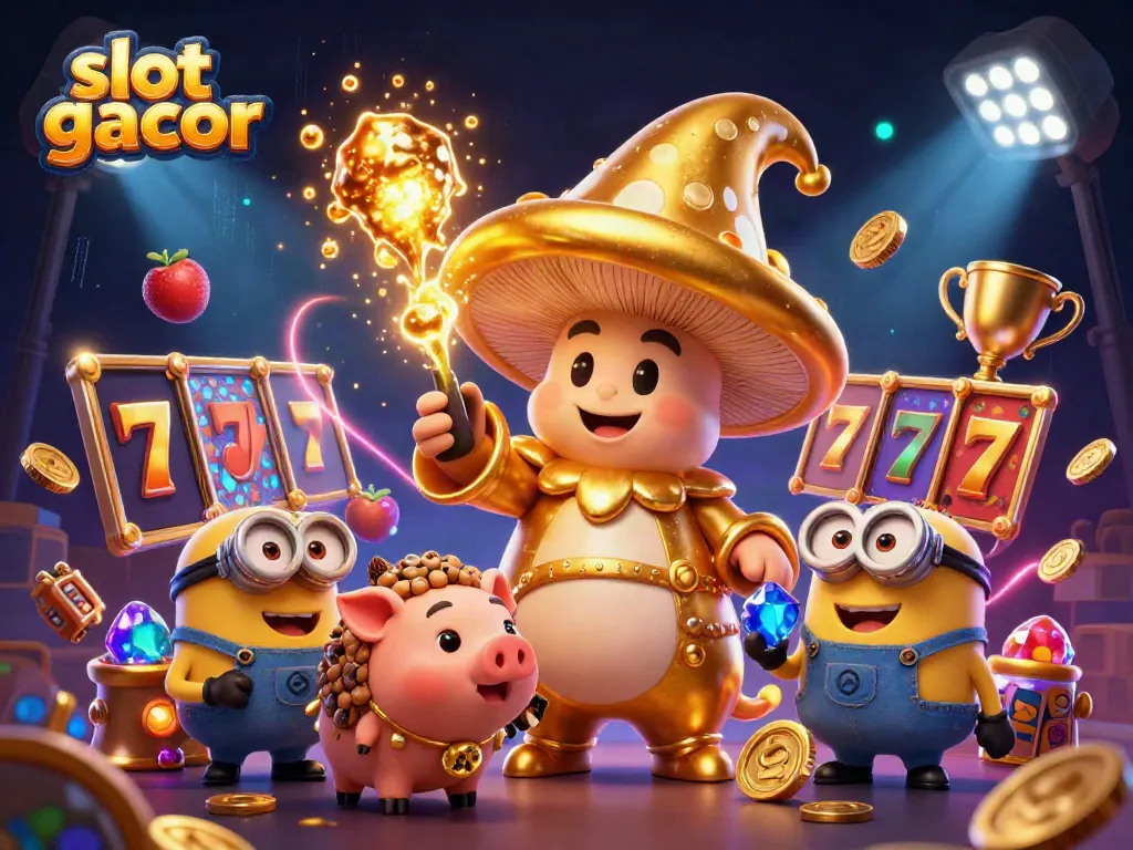 Engage with slot gacor through a magical scene featuring a golden mushroom wizard surrounded by enchanting elements.