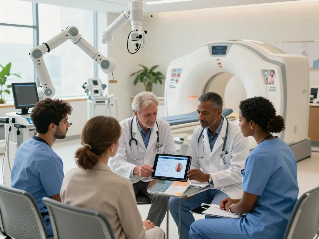 Prostate cancer hospital Abu Dhabi team discussing advanced treatment options in a modern facility.
