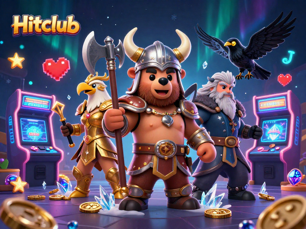 Hitclub showcases vibrant 3D cartoon Viking and Valkyrie characters amidst exciting gaming elements.