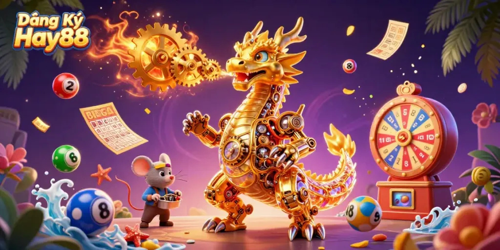 Experience the excitement of Đăng Ký Hay88 with vibrant lottery elements and a dynamic, engaging dragon scene.
