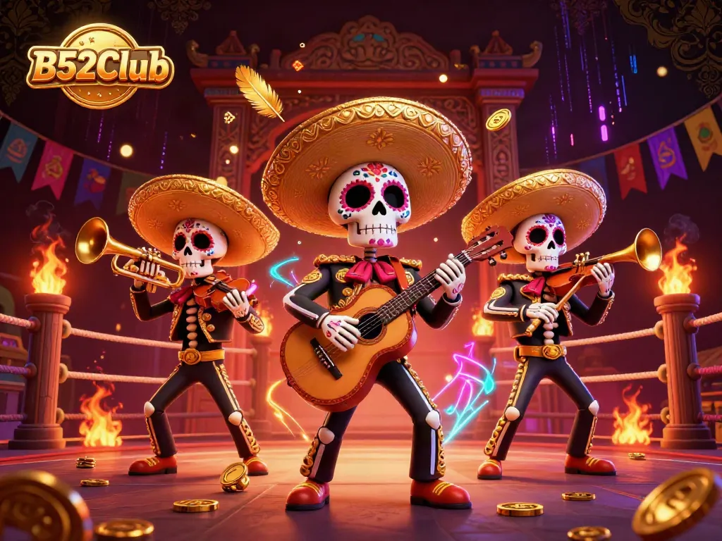Engage with the vibrant energy of B52Club through a lively casino scene featuring colorful skeleton mariachi musicians.