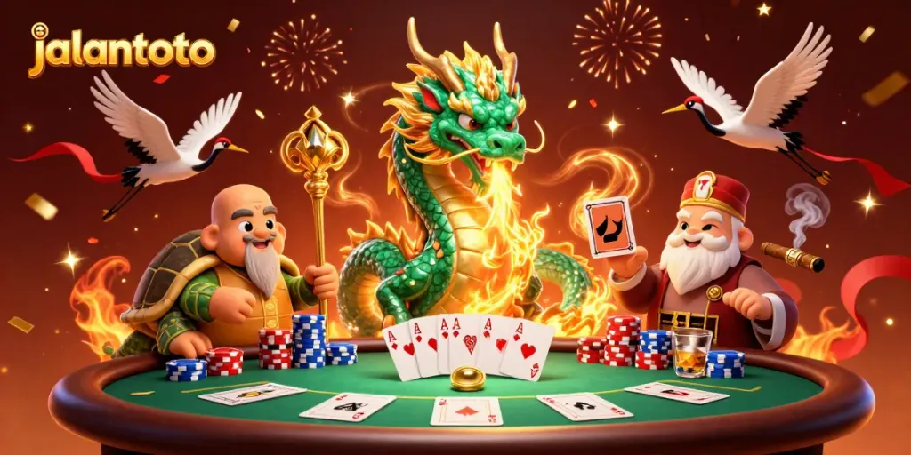Menggali pengalaman menang di jalantoto, ilustrasi kasino dengan naga, kura-kura, dan bangau.