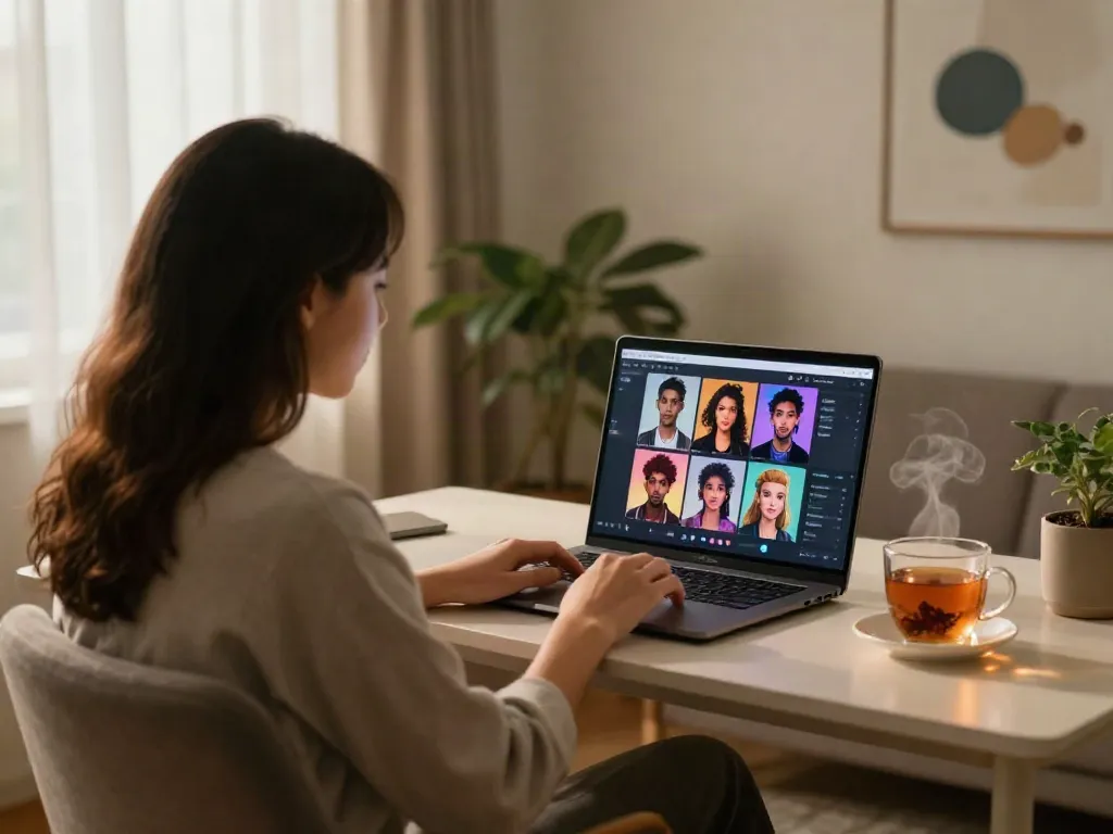 Engaging in AI sex chat in a cozy home setting with avatars on a laptop.