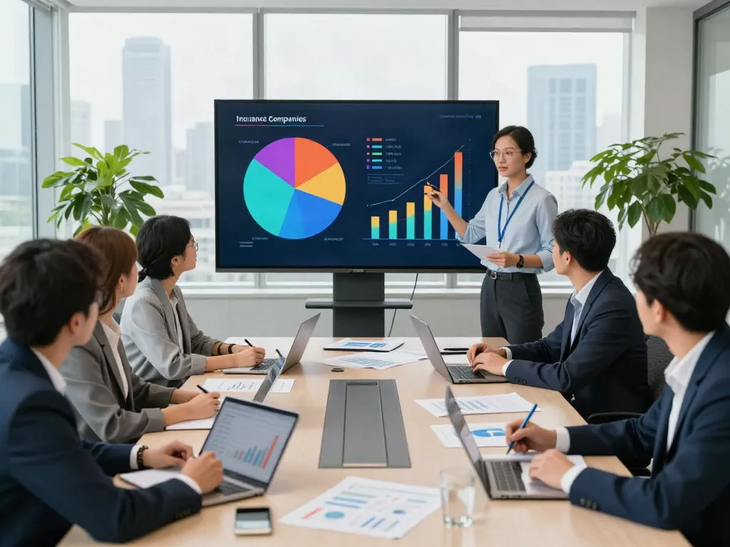 A diverse team discussing the largest insurance companies with visual data presentations in a modern conference room.