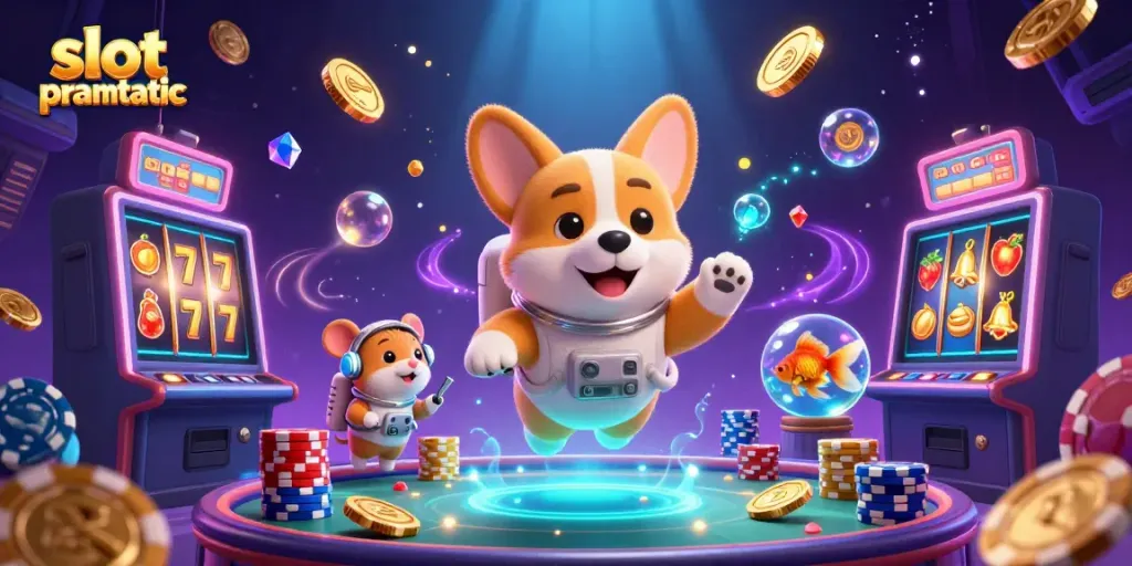 Spin the reels of slot pragmatic games with a lively 3D casino scene, featuring an astronaut corgi.